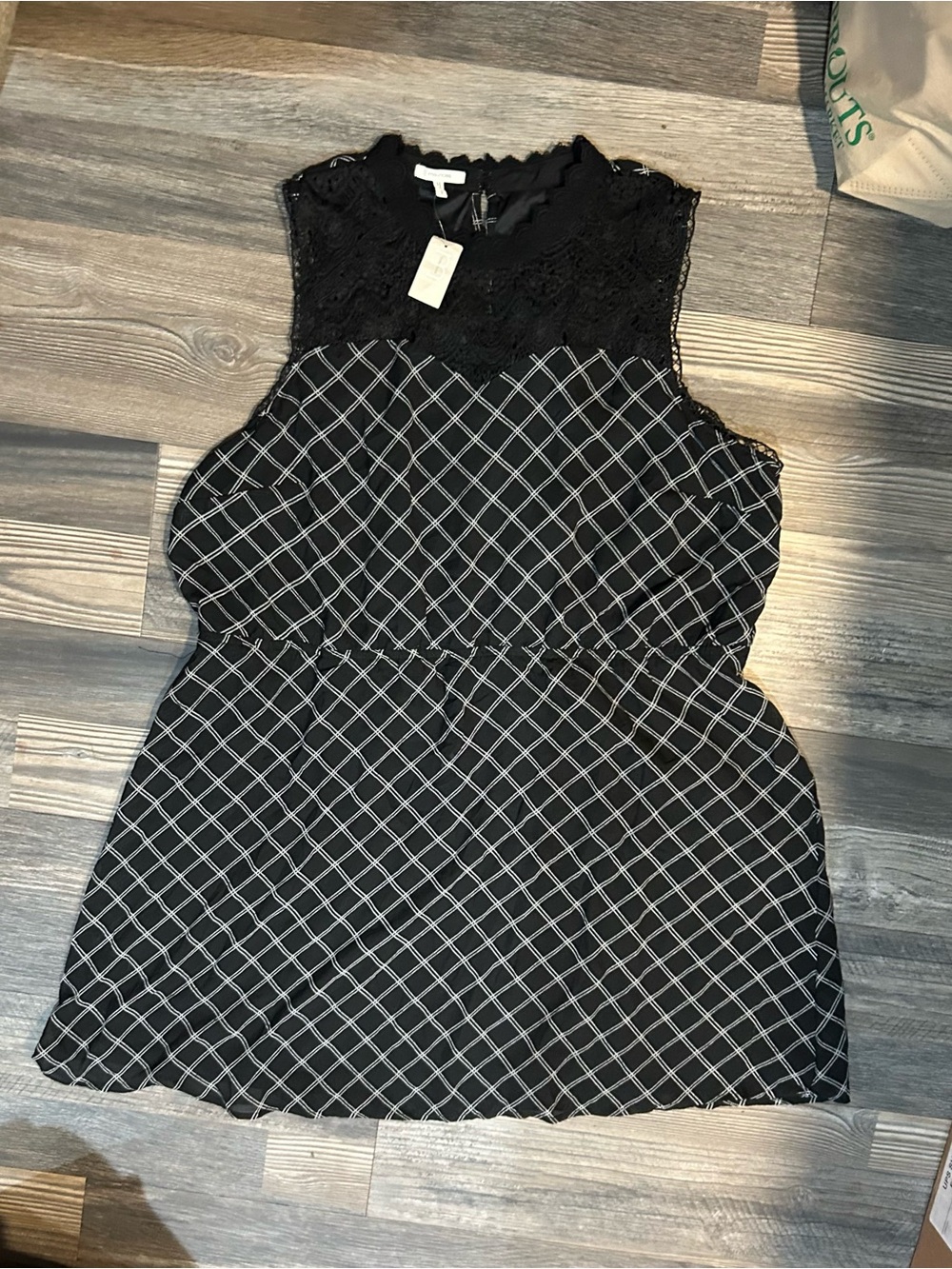 Maurices Black Mini Dress with White Grid and Lace Yoke